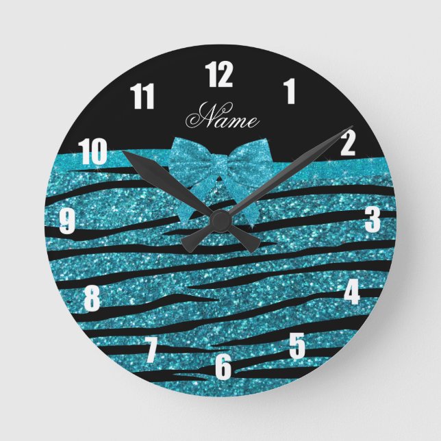 Nametürkis-Glitter Zebra stripes Bögen Runde Wanduhr (Vorderseite)
