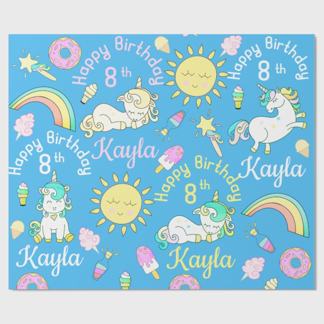 Nameu. AlterUnicorns u. Regenbogen-Party-Muster Geschenkpapier (Flach)