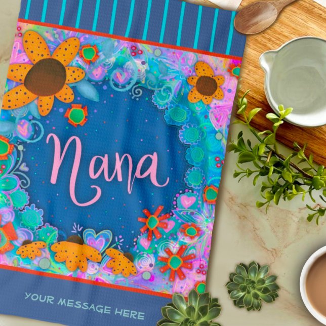 Nana Blue Hübsch Floral Stripes Spaß Personalisier Geschirrtuch (Von Creator hochgeladen)