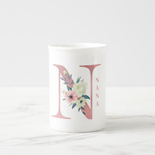 Nana-Blumen-Buchstabe N Rosa Glitter-Schimmer Prozellantasse
