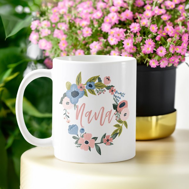 Nana Brush Script Blumenstrauß & Herz Foto Kaffeetasse (Nana Brush Script Floral Wreath & heart Photo Coffee Mug)