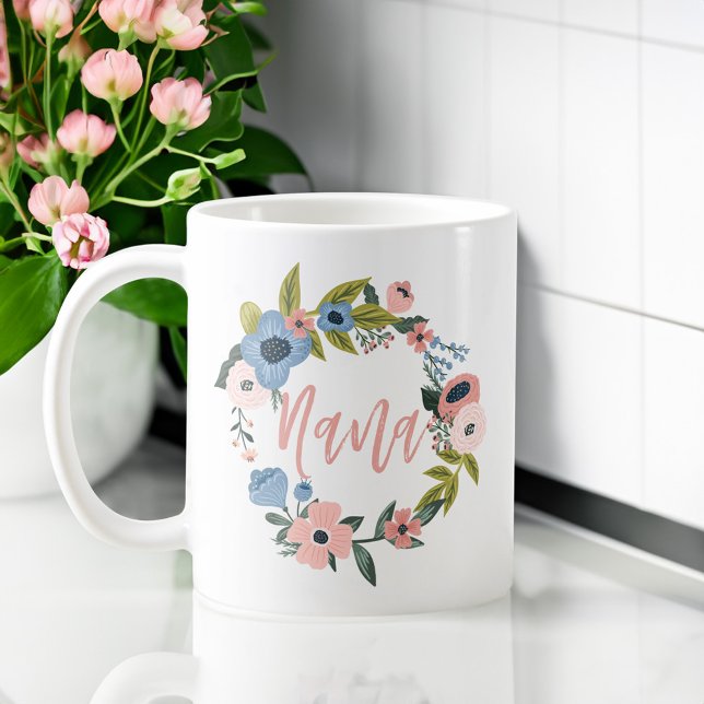 Nana Brush Script Typographic Floral Wreath Kaffeetasse (Nana Brush Script Typographic Floral Wreath Coffee Mug)