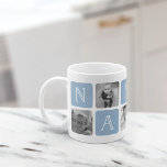 NANA Großmutter Foto Collage Tasse | Blau<br><div class="desc">Passen Sie dieses niedliche Design der modernen Tasse an, um Ihre Lieblingsgroßmutter an diesem Muttertag, Weihnachten oder Geburtstag zu feiern! Das Design besteht aus abwechselnden Quadraten von Fotos und weichen staubblauen Buchstabenblöcken, die "NANA" in modernen Serifenschriften mit einem weißen Herz auf dem letzten Platz buchstabieren. Fügen Sie fünf Ihrer beliebten...</div>