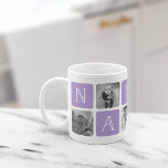 NANA Großmutter Foto Collage Tasse | Violett<br><div class="desc">Passen Sie dieses niedliche Design der modernen Tasse an, um Ihre Lieblingsgroßmutter an diesem Muttertag, Weihnachten oder Geburtstag zu feiern! Das Design besteht aus abwechselnden Quadraten von Fotos und orchid lila Buchstabenblöcken, die "NANA" in modernen Serifenschriften mit einem weißen Herz im letzten Quadrat buchstabieren. Fügen Sie fünf Ihrer beliebten quadratischen...</div>