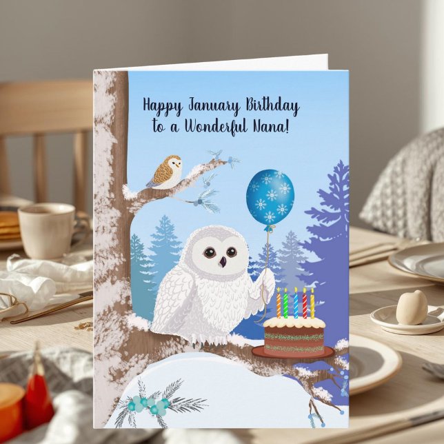 Nana Happy January Birthday Snowy Owl Karte (Von Creator hochgeladen)