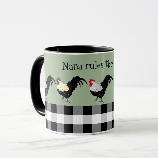 Nana Rule's the Roost Rooster Black White Name Tasse (Vorderseite Links)