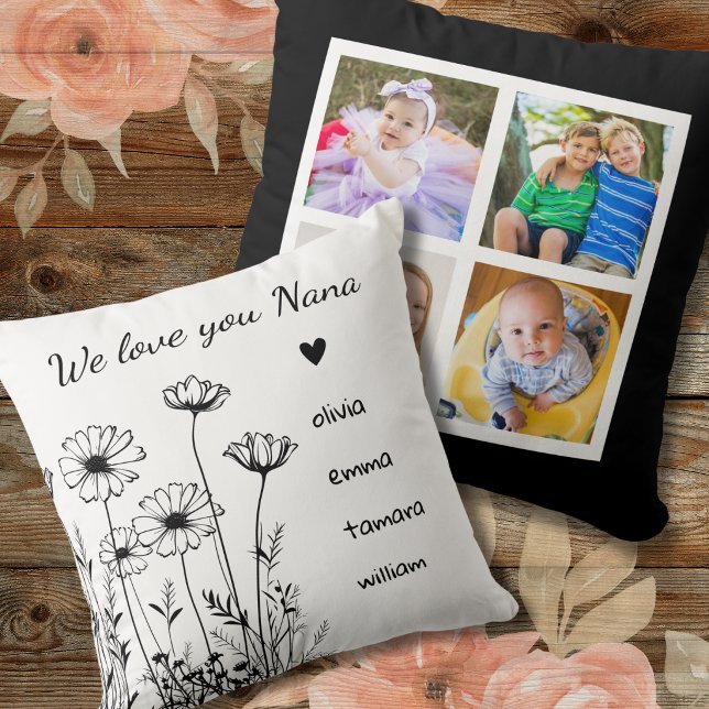Nana We Love You Grandkids 4 Photo Collage Floral Kissen (Von Creator hochgeladen)