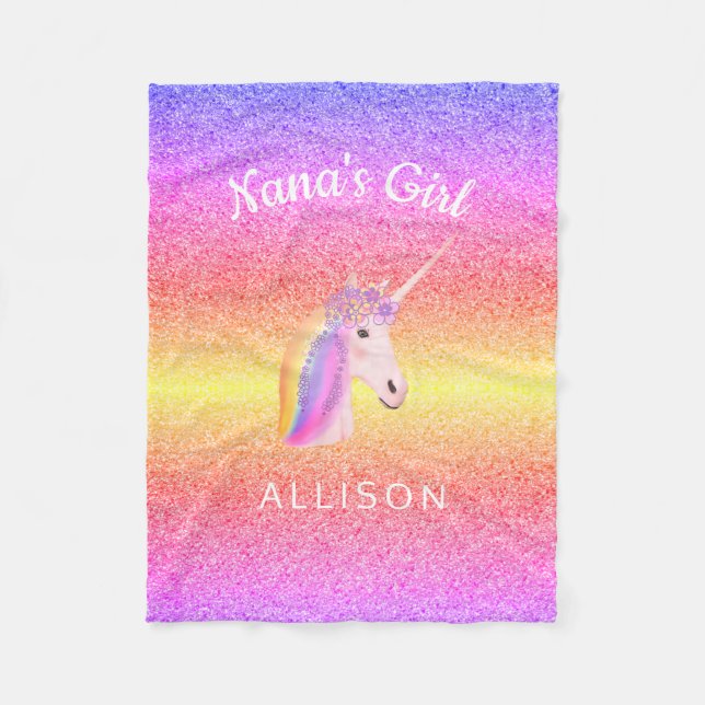 Nanas Girl Unicorn Rainbow Glitzer Personalisiert  Fleecedecke (Vorderseite)