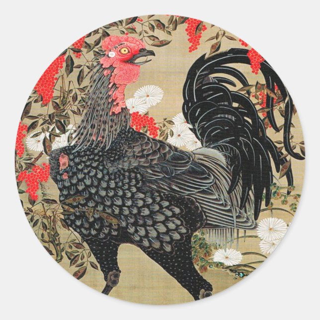 Nandina und Rooster Illustration von Ito Jakuchu Runder Aufkleber (Vorderseite)