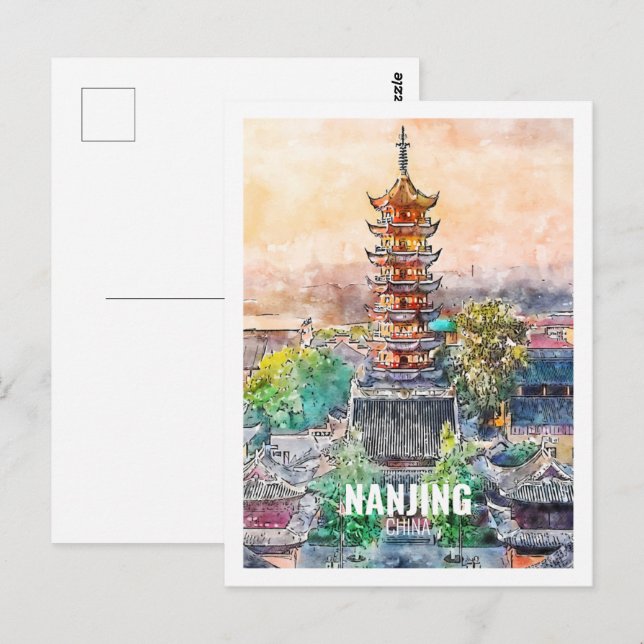 Nanjing China Berühmte Wasserfarbskizze Postkarte (Vorne/Hinten)