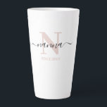 Nanna Elegant Script Monogram Blush Pink Milchtasse<br><div class="desc">Letzte Tasse für eine neue Nanna oder langjährige Großmutter, die Sie mit dem Datum, an dem sie zu Großeltern geworden sind, personalisieren können. Dieses trendige minimalistische Design ist in einer dezenten Farbpalette aus Rosa, Schwarz und Weiß gehalten. Es hat ein Mohnmonogramm, mit dem Anfangsbuchstaben N und dem Namen Nanna, in...</div>