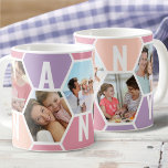 Nanny 5 Foto Editable 5 Letter Honeycomb Kaffeetasse<br><div class="desc">Honigwabenkaffee-Tasse, personalisiert mit 5 Ihrer Lieblings-Fotos und gedruckt mit einem 5-Buchstaben-Namen, wie zum Beispiel NANNY. Das Design besticht durch eine Collage aus Wabenkolben in einer sommerlichen Sorbet-Farbpalette aus lila Rosa und Pfirsich. Wenn Sie gewollt haben, die Farben zu ändern, klicken Sie auf "Weiter anpassen" und klicken Sie auf jedes Hexagon,...</div>