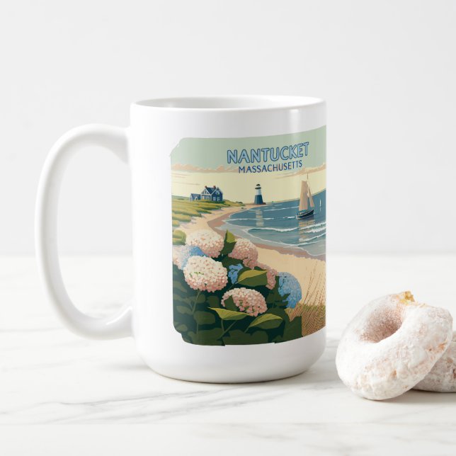 Nantucket Beach Hydrangeas Lighthouse Boat Retro Kaffeetasse (Mit Donut)