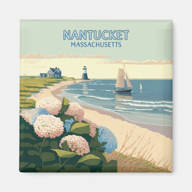 Nantucket Beach Hydrangeas Lighthouse Boat Retro Magnet (Vorne)