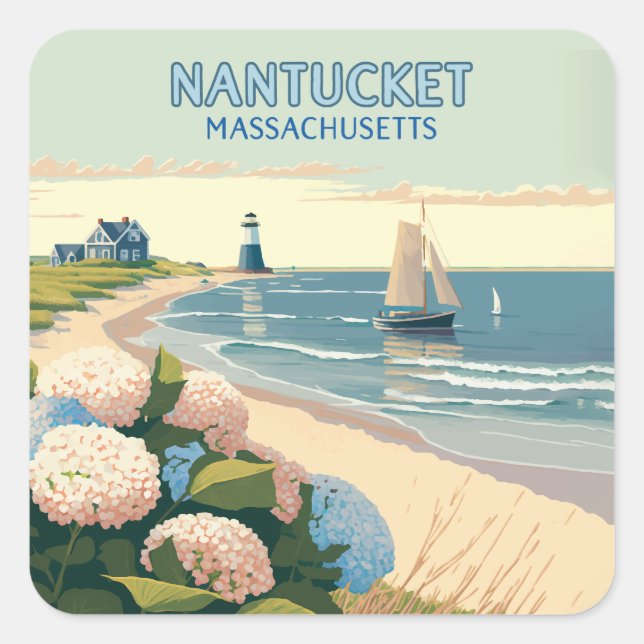 Nantucket Beach Hydrangeas Lighthouse Boat Retro Quadratischer Aufkleber (Vorderseite)