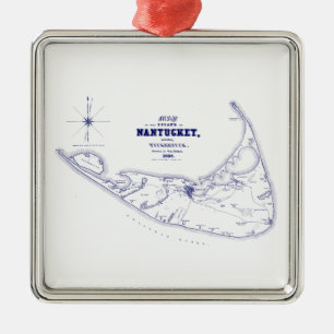 Nantucket Island MA Vintage Karte Navy Blau Silbernes Ornament