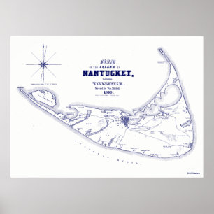 Nantucket Island MA Vintage Karte Navy Blue Poster