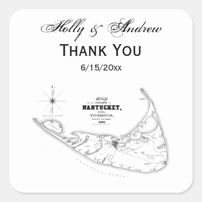 Nantucket Island MA Vintage Karte Schwarz Quadratischer Aufkleber (Vorderseite)