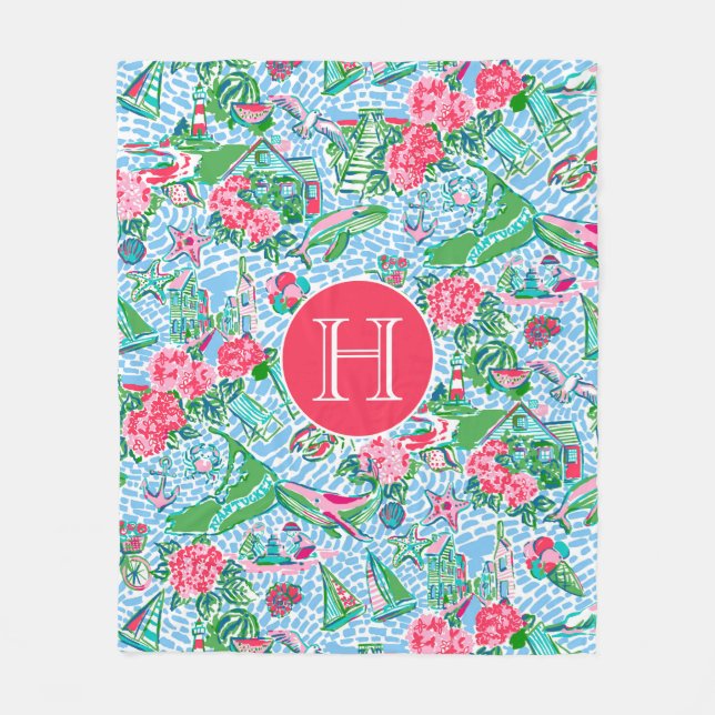 Nantucket Preppy Palm Beach Pattern Mit Monogramm Fleecedecke (Vorderseite)