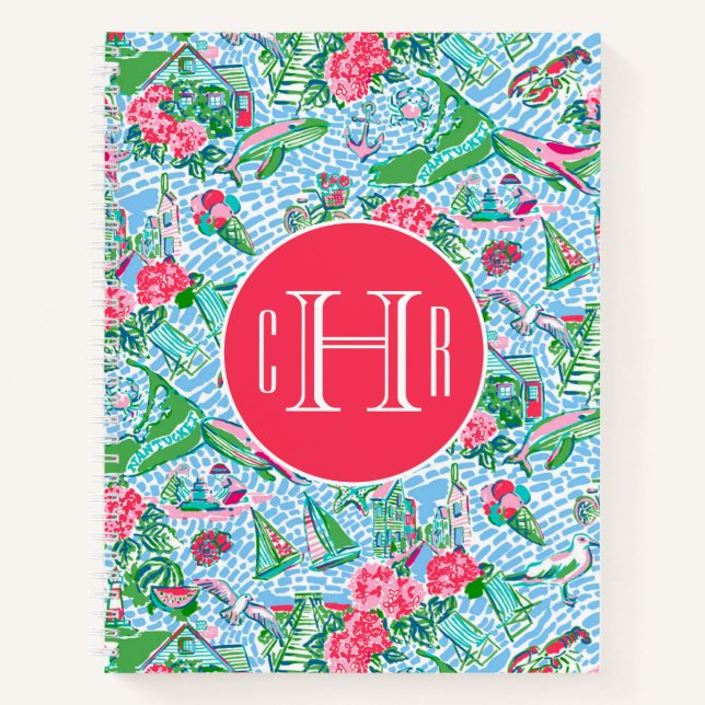 Nantucket Preppy Palm Beach Print Mit Monogramm Notizbuch (Vorderseite)
