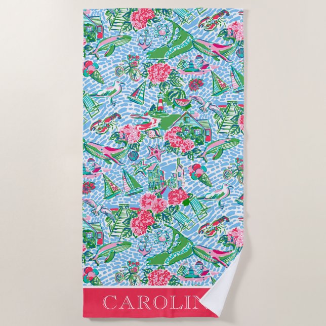 Nantucket Preppy Palm Beach Print Personalisiert Strandtuch (Vorderseite)