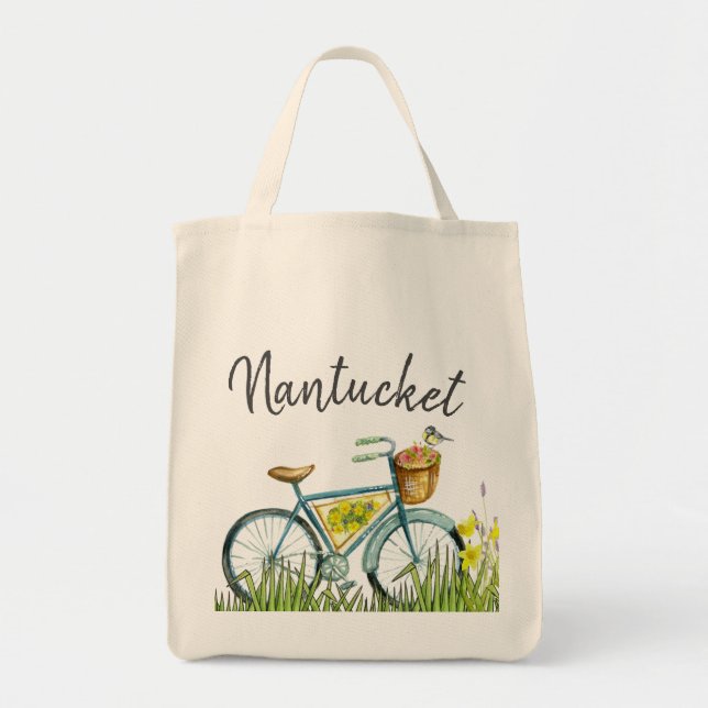 Nantucket Vintages Fahrrad auf dem Lavendelgebiet Tragetasche (Vorne)