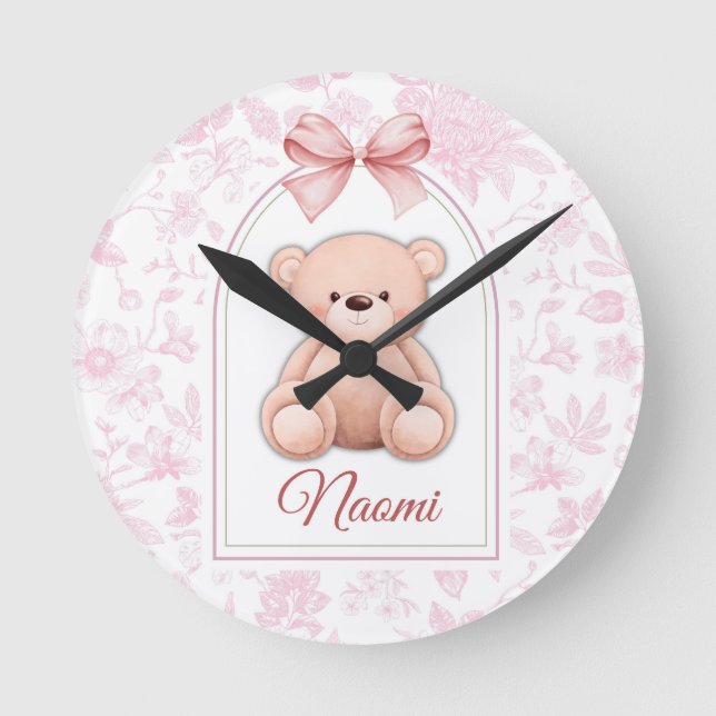 Naomi | Benutzerdefiniertes rosa Teddy-Bär-Kinderz Runde Wanduhr (Vorderseite)