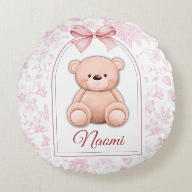 Naomi | Benutzerdefiniertes rosa Teddy-Bär-Kinderz Rundes Kissen (Vorderseite)