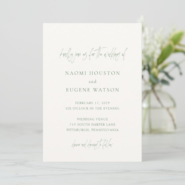 Naomi Moss Green Typografy Modern Wedding Einladung (Stehend Vorderseite)
