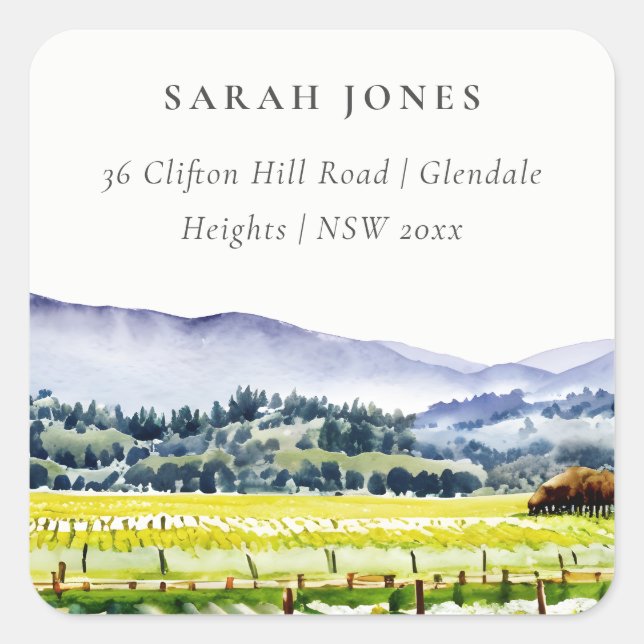 Napa Valley Wasserfarbe Weinberg Landschaft Anschr Quadratischer Aufkleber (Vorderseite)