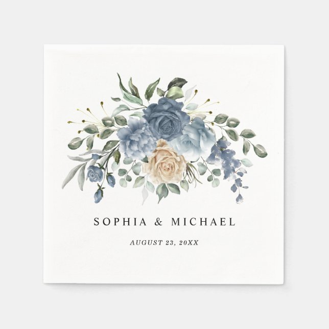 Napkin, Elegant Dusty Blue Floral Wedding Serviette (Vorderseite)
