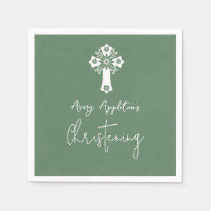 Napkins Floral Cross Christening Fern Green Serviette