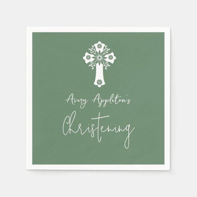 Napkins Floral Cross Christening Fern Green Serviette (Vorderseite)