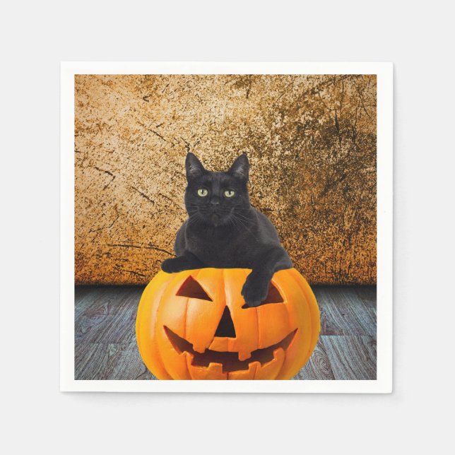 Napkins, Halloween Black Cat On Pumpkin Serviette (Vorderseite)