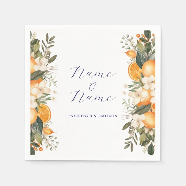 Napkins Wedding Names Orange Floral Citrus Serviette (Vorderseite)