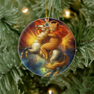 Napoleon Katze reitet Pferd durch die Galaxie Keramik Ornament