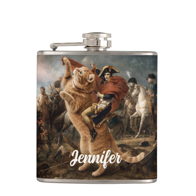 Napoleon reitet auf einer riesigen Kampkatze       Flachmann (Vorderseite)