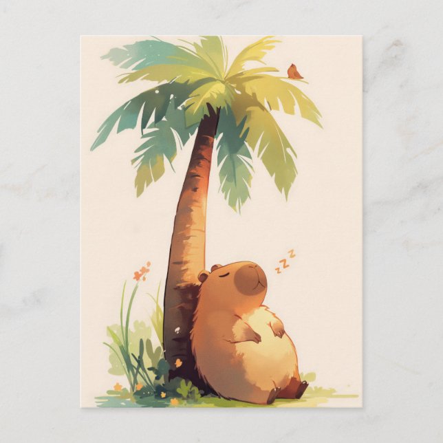 Napping Capybara Under Tropical Palm Tree Postkarte (Vorderseite)