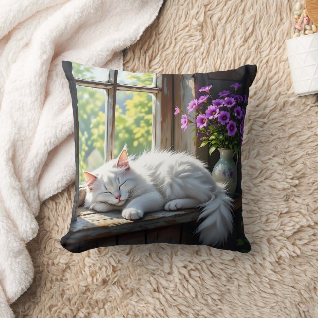 Napping White Cat and Purple Flowers  Kissen (Decke)