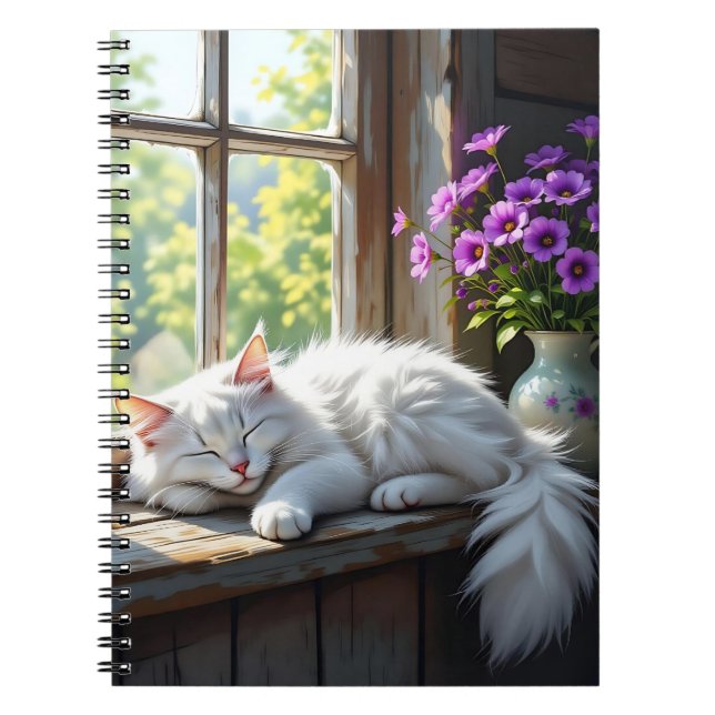 Napping White Cat and Purple Flowers  Notizblock (Vorderseite)