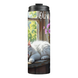 Napping White Cat and Purple Flowers Personalized Thermosbecher