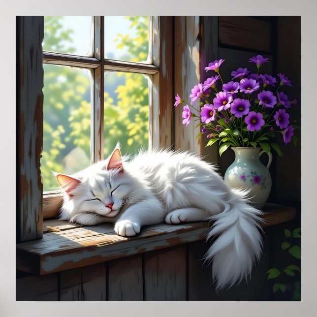 Napping White Cat and Purple Flowers  Poster (Vorne)