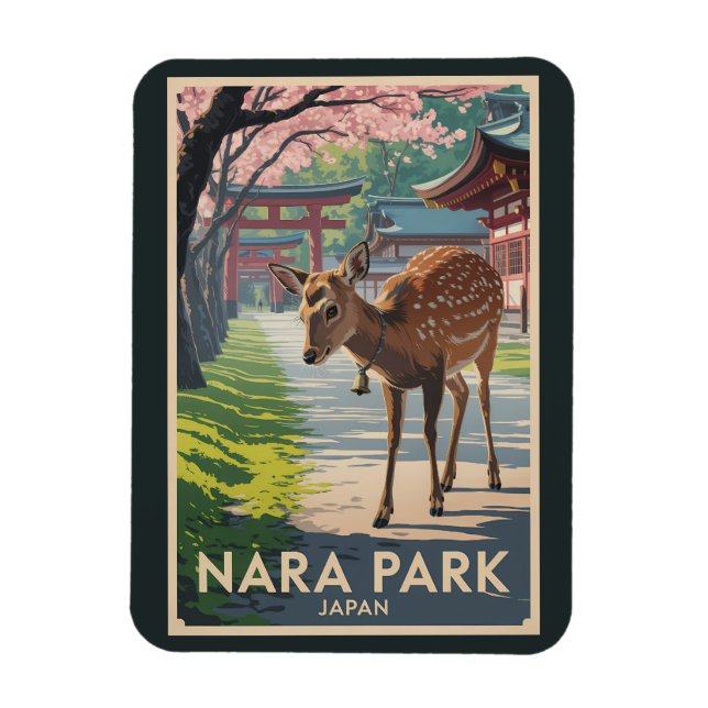 Nara Park Japan Deer Illustration Travel Art Retro Magnet (Vertikal)