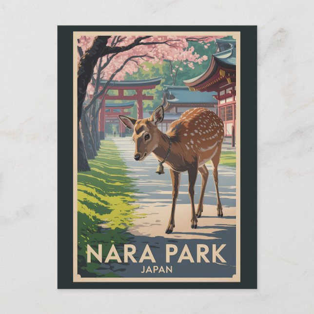 Nara Park Japan Deer Illustration Travel Art Retro Postkarte (Vorderseite)