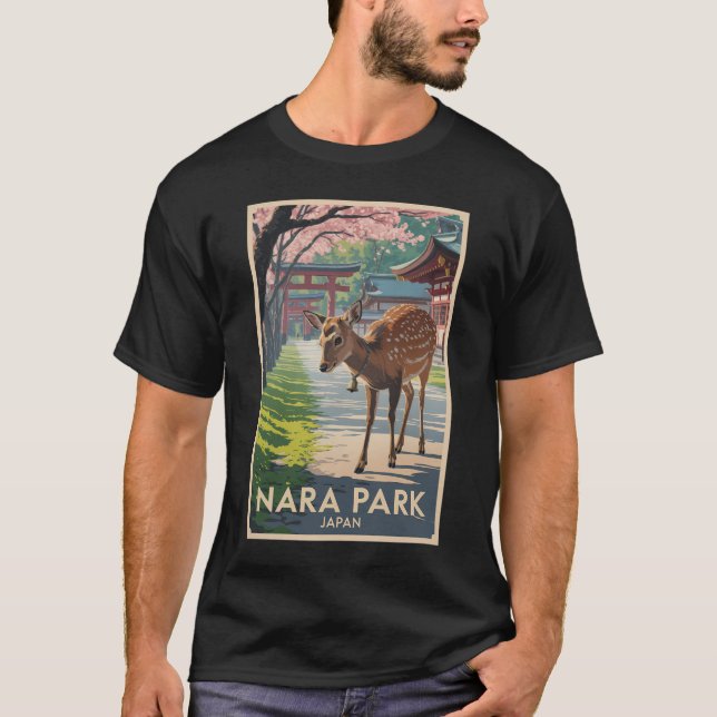 Nara Park Japan Deer Illustration Travel Art Retro T-Shirt (Vorderseite)