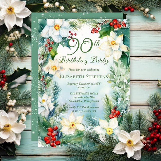 Narcissus | Holly Floral 90th Birthday Party  Einladung (Narcissus, Holly and Berries Winter Floral 90th Birthday Party Invitation - Print | Digital)