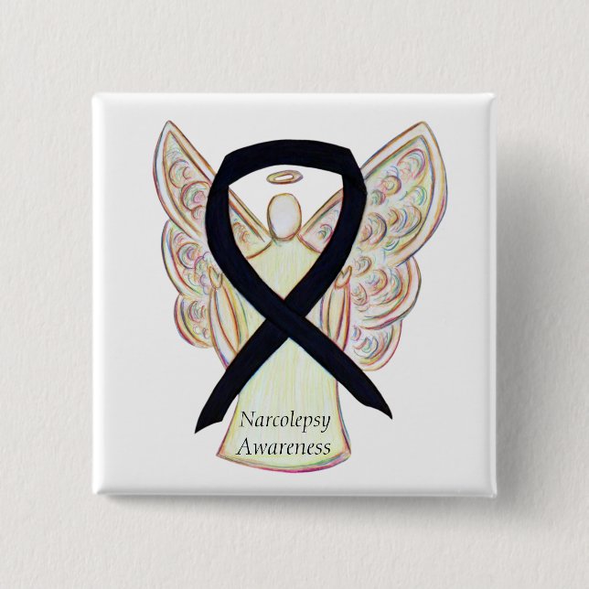 Narcolepsy Awareness Angel Black Ribbon Art Button (Vorderseite)