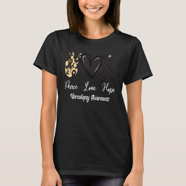 Narcolepsy Awareness Peace Liebe Hope Black Ribbon T-Shirt (Vorderseite)