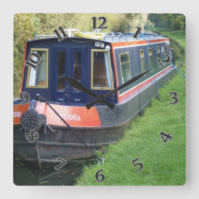 Narrowboat on British Inland Waterways System Quadratische Wanduhr (Vorderseite)
