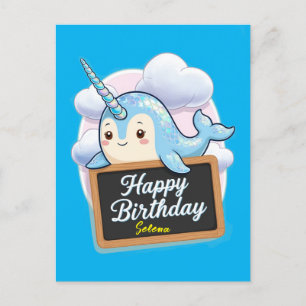 Narwal mit Happy-Birthday-Schultafel Postkarte